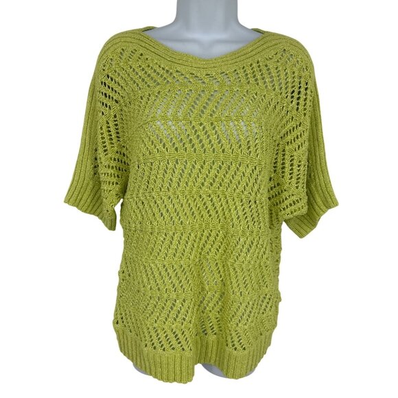 Chicos Lime Green Open Knit Sweater Top Elbow Sleeve Lightweight Size 2 US L - Picture 1 of 8